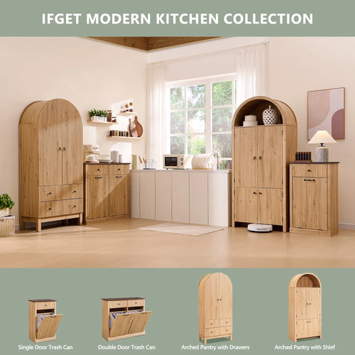 Gabinete De Almacenamiento De Despensa Arqueado Con 4 Puertas De Madera Acanaladas, Organizador De Cocina Moderno De 71" Con 6 Repisas De Puertas Y Repisas Ajustables, Armario Versátil Para Cocina Y Comedor