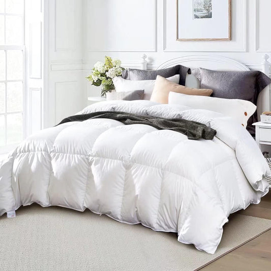 King Size All-Season Down Comforter - Medium Warmth Duvet Insert with Soft Noiseless Fabric, 8 Corner Tabs, and Machine Washable Design - White