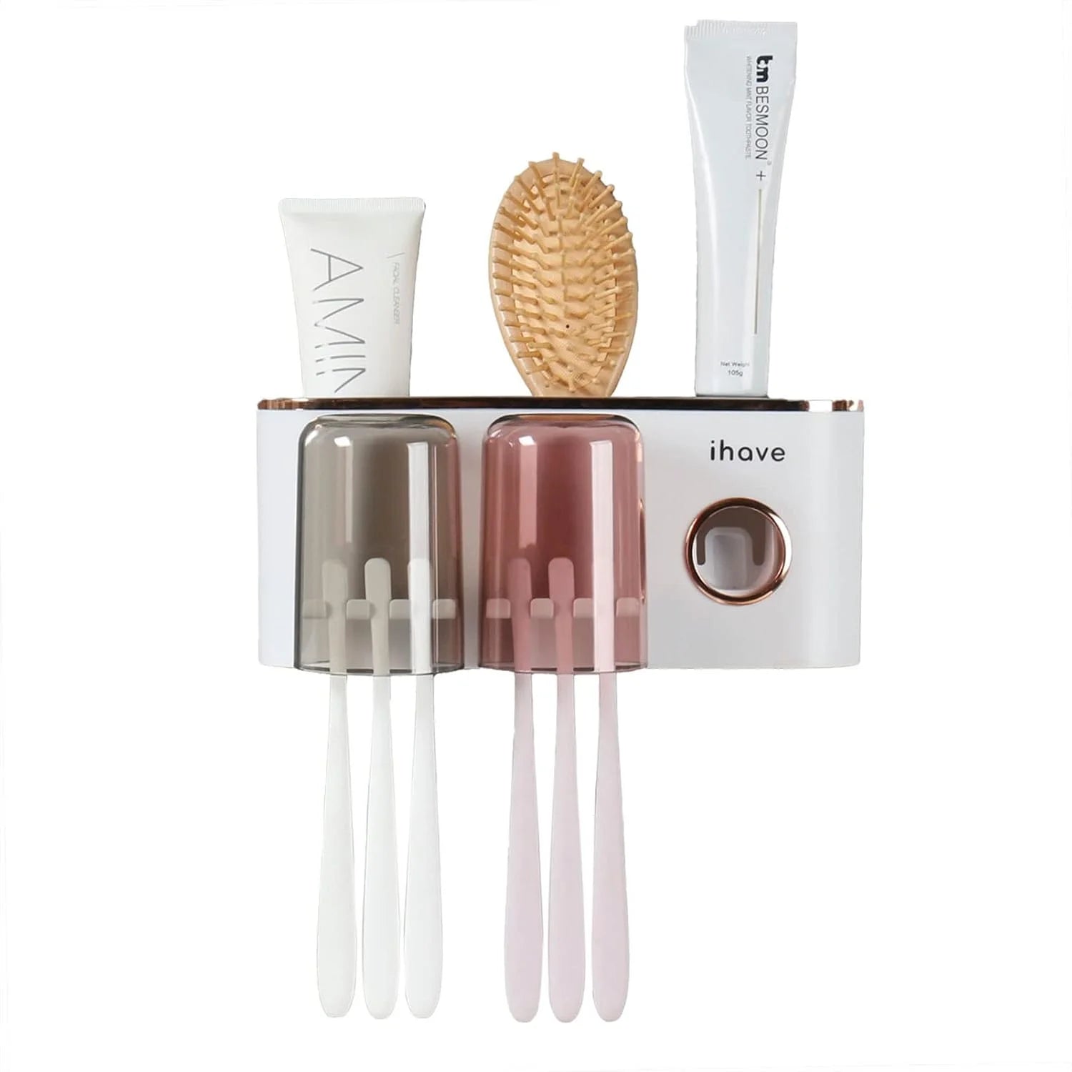 Bathroom Organizer with Toothpaste Dispenser and 2 Cups - Wall-Mounted Toothbrush Holder