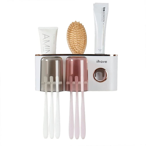 Bathroom Organizer with Toothpaste Dispenser and 2 Cups - Wall-Mounted Toothbrush Holder