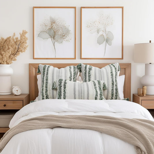 Bohemian-Inspired Summer Decorative Lumbar Pillow Cover 12x20, Textured Tufted Striped Accent for Couch and Bed in Green and Cream, Single Pack