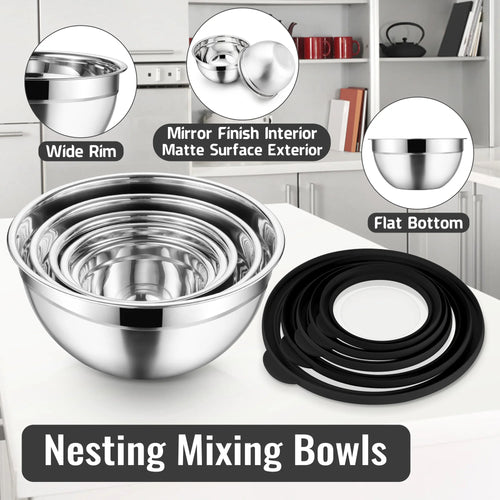 8-Piece Stainless Steel Mixing Bowls Set with Airtight Lids and Graters - Perfect for Kitchen Prep, Grating, and Mixing - Sleek Black Design