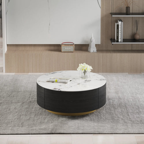 Magic Home Modern round Coffee Table with Two Drawers,Circle Coffee Table Space-Saving Multiple Purpose for Living Room,Dining Room and Home Office,Black White 2 Colors