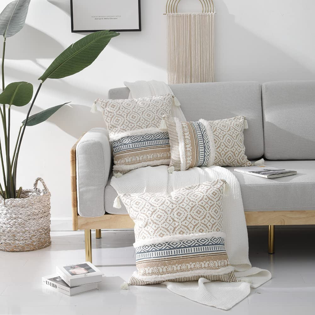 Bohemian Lumbar Decorative Pillow Cover for Couch and Sofa - Modern Moroccan Design with Tassels, Stylish Farmhouse Pillowcase for Bedroom, Living Room, Car, and Hotel, 12 x 20 Inches, Khaki