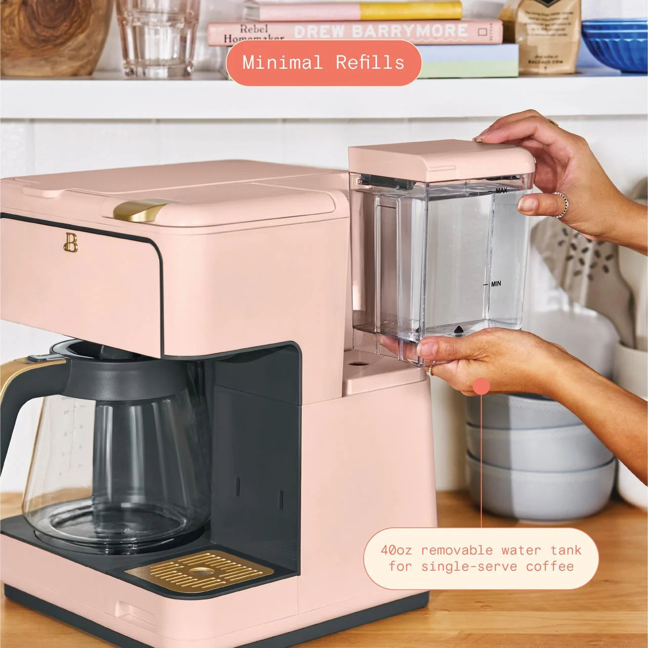 Multi-Brew 12-Cup Programmable Drip and Single-Serve Coffee Maker in Rose by Drew Barrymore