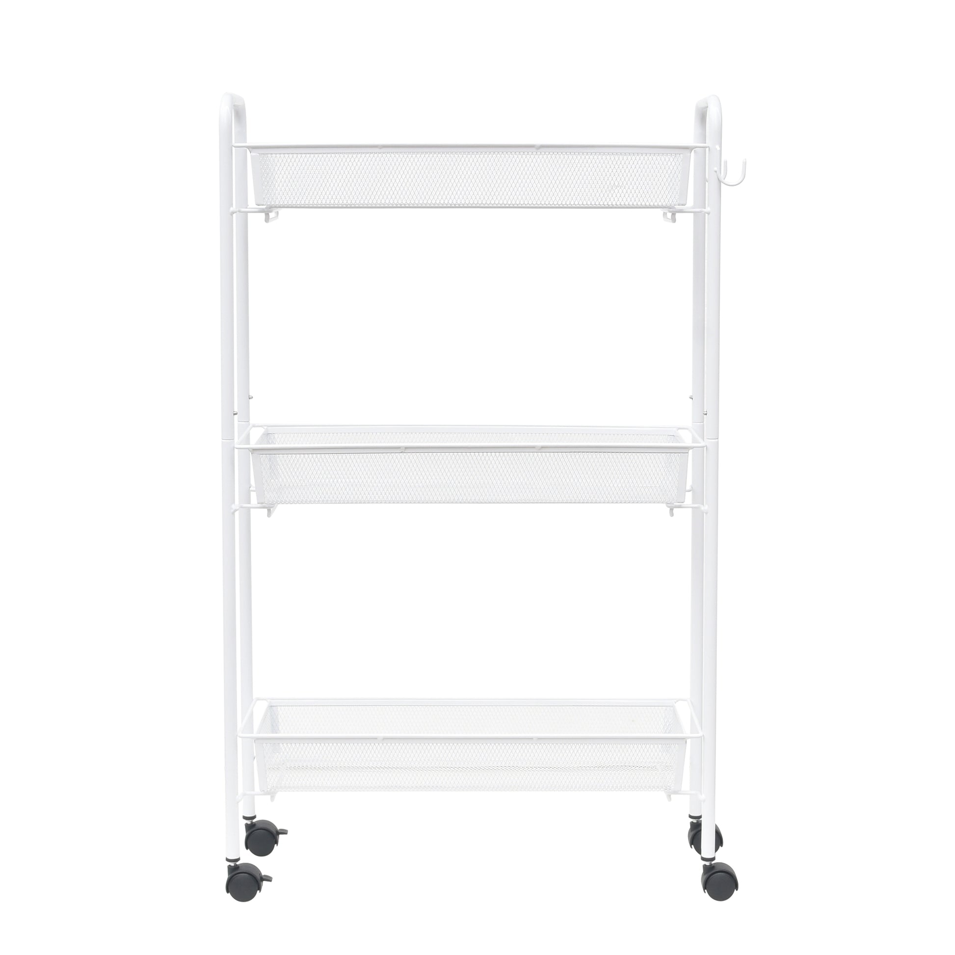 Sleek 3-Tier White Rolling Bathroom Storage Cart with Hooks - Maximize Your Space!