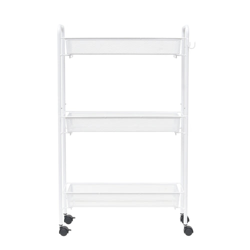 Sleek 3-Tier White Rolling Bathroom Storage Cart with Hooks - Maximize Your Space!
