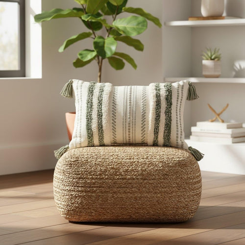 Bohemian-Inspired Summer Decorative Lumbar Pillow Cover 12x20, Textured Tufted Striped Accent for Couch and Bed in Green and Cream, Single Pack