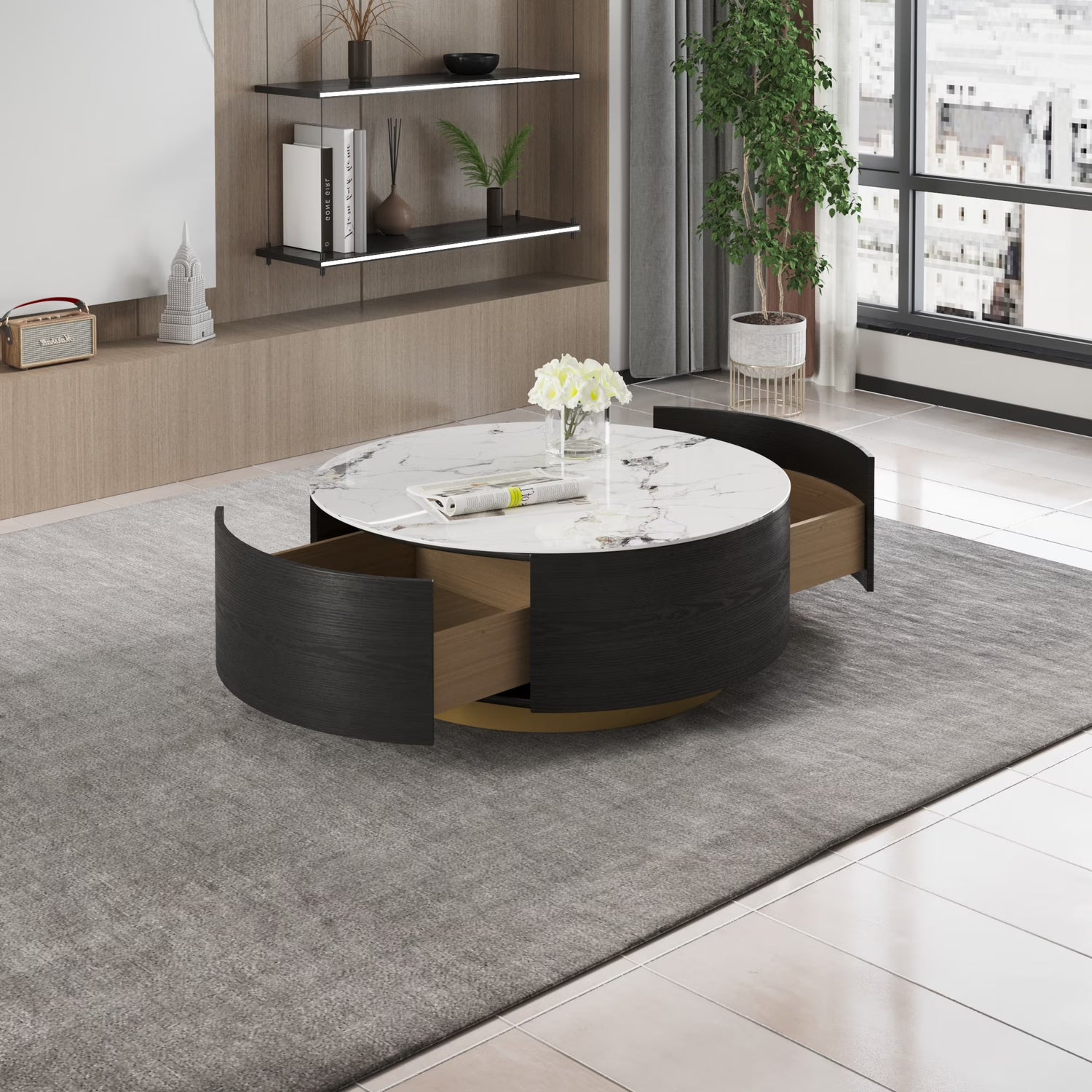Magic Home Modern round Coffee Table with Two Drawers,Circle Coffee Table Space-Saving Multiple Purpose for Living Room,Dining Room and Home Office,Black White 2 Colors