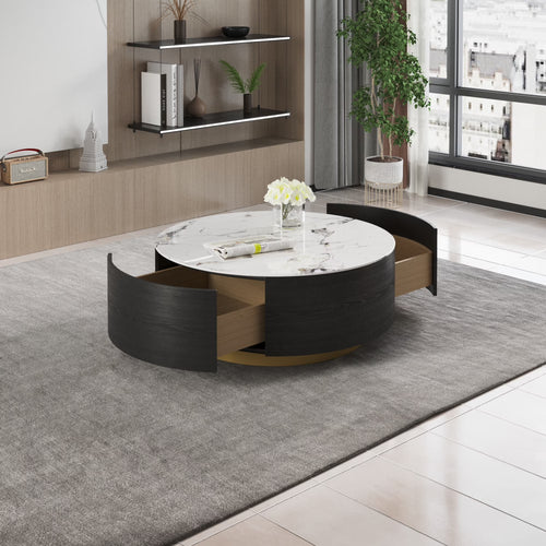 Magic Home Modern round Coffee Table with Two Drawers,Circle Coffee Table Space-Saving Multiple Purpose for Living Room,Dining Room and Home Office,Black White 2 Colors