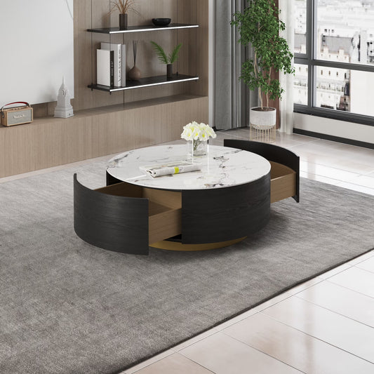 Magic Home Modern round Coffee Table with Two Drawers,Circle Coffee Table Space-Saving Multiple Purpose for Living Room,Dining Room and Home Office,Black White 2 Colors