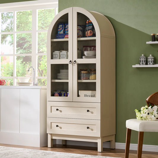 Arched Kitchen Pantry Storage Cabinet, 71" Tall Wood Pantry Shelves with 2 Doors & 2 Large Drawers for Dining Room Living Room