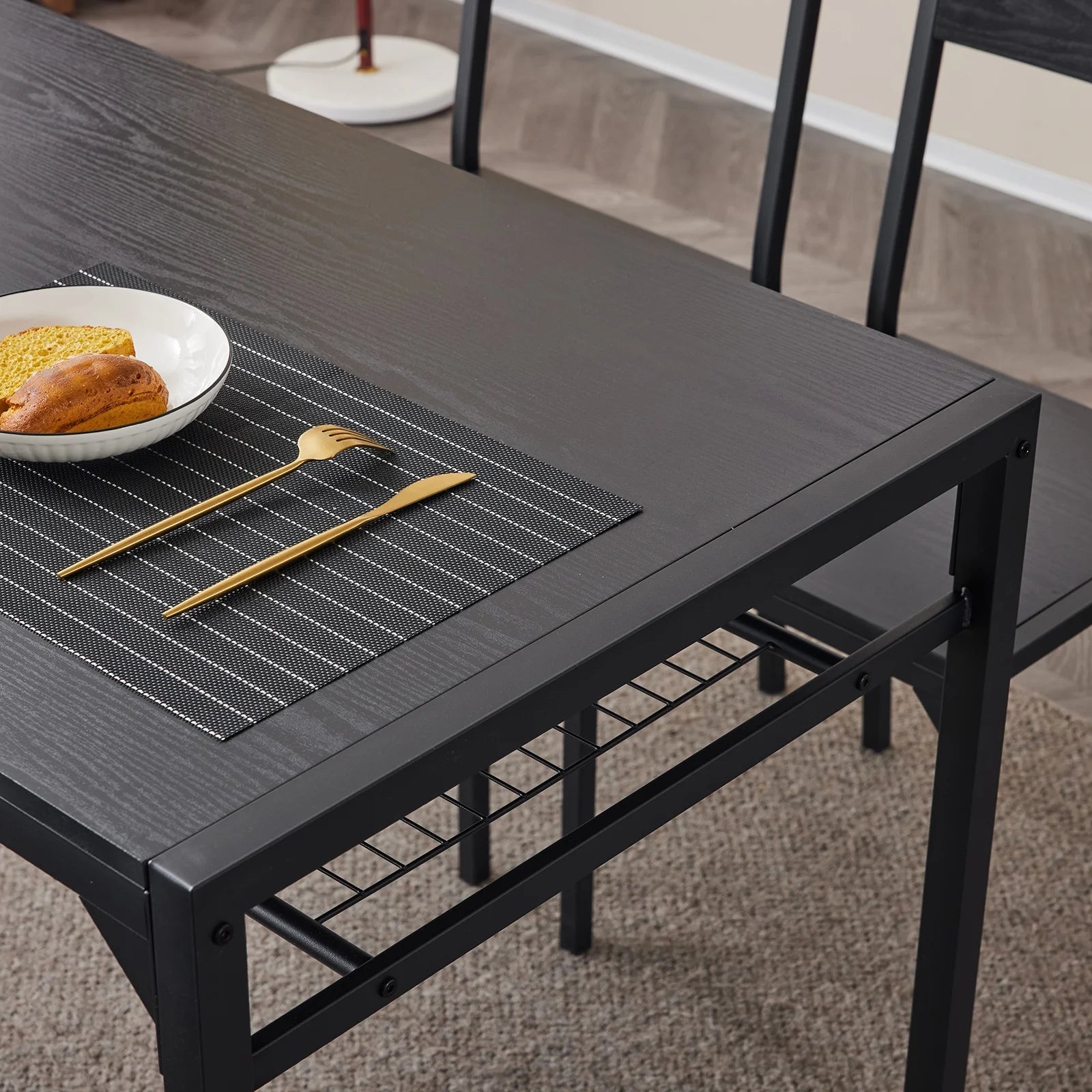 4 Pcs Dining Table Set, Dinning Set for 4 with 2 Chairs and Bench, Dinner Table with Storage Rack, Nesting Furniture Set for Dining Room, Restaurant, Black Wood