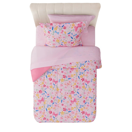 7-Piece Pink Wildflower Polyester Bedding Set for Full-Size Girls