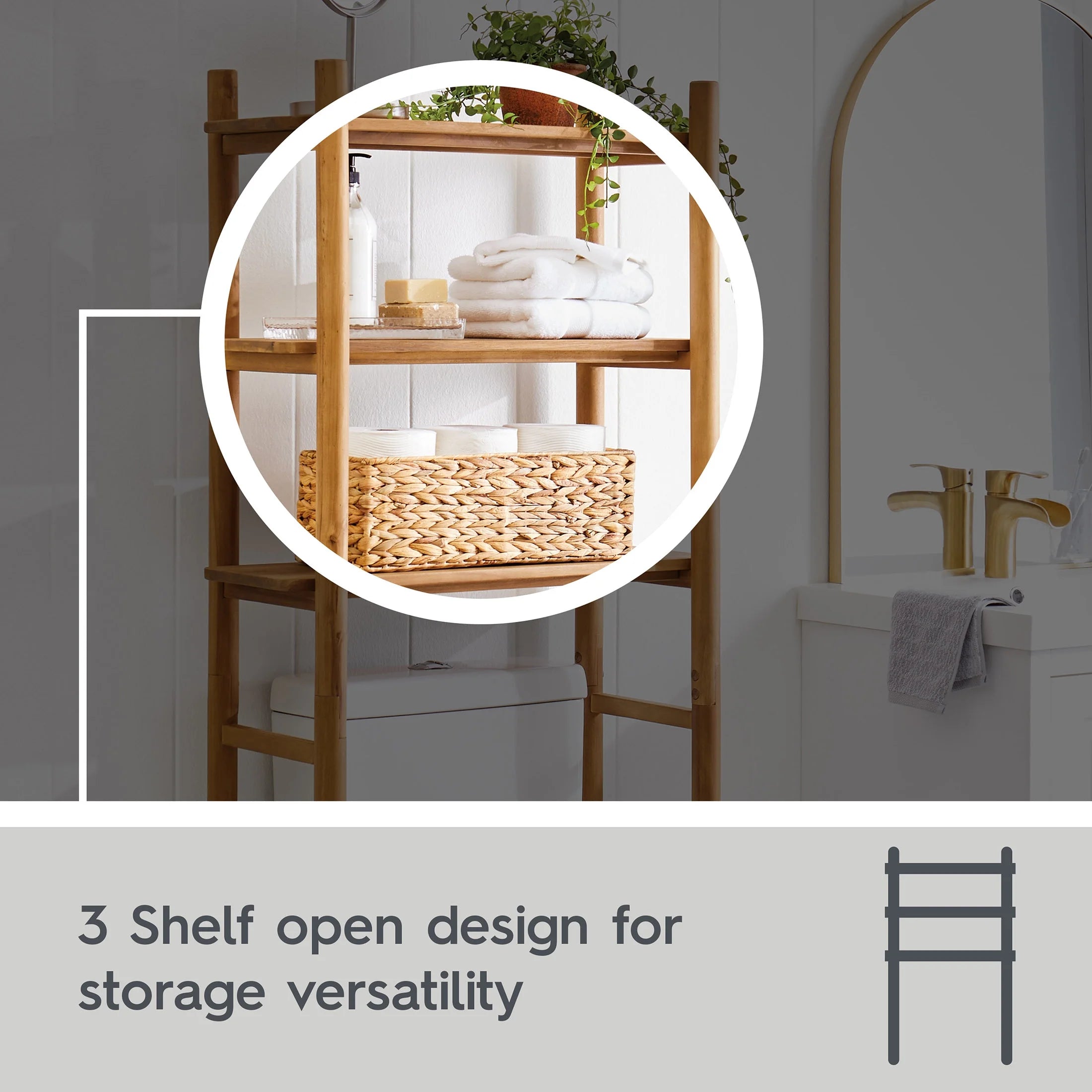 Stylish Honey Acacia Wood Over-The-Toilet Space Saver Cabinet with 3 Shelves