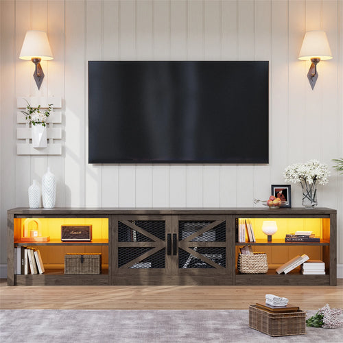 Farmhouse LED TV Stand for 65 70 75 80 85 90-Inch Tvs, Media Console Entertainment Center for Living Room, Bedroom, Grey Oak