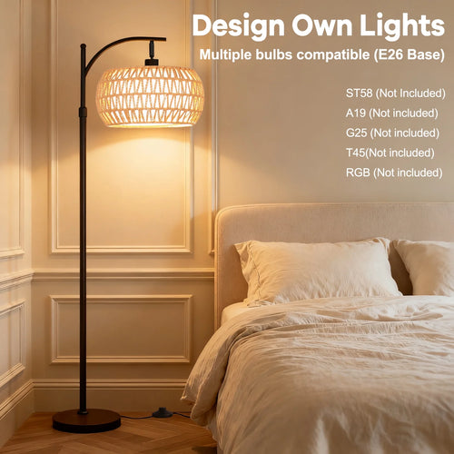 70-Inch Dimmable Arc Floor Lamp with Remote control  and Fabric Double Drum Shade