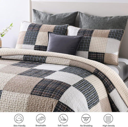 100% Cotton King Size Patchwork Quilt Set in Brown, Khaki, Black, and White - Lightweight Reversible Summer Bedding, 3-Piece Set