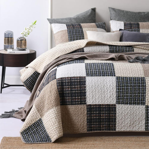 100% Cotton King Size Patchwork Quilt Set in Brown, Khaki, Black, and White - Lightweight Reversible Summer Bedding, 3-Piece Set