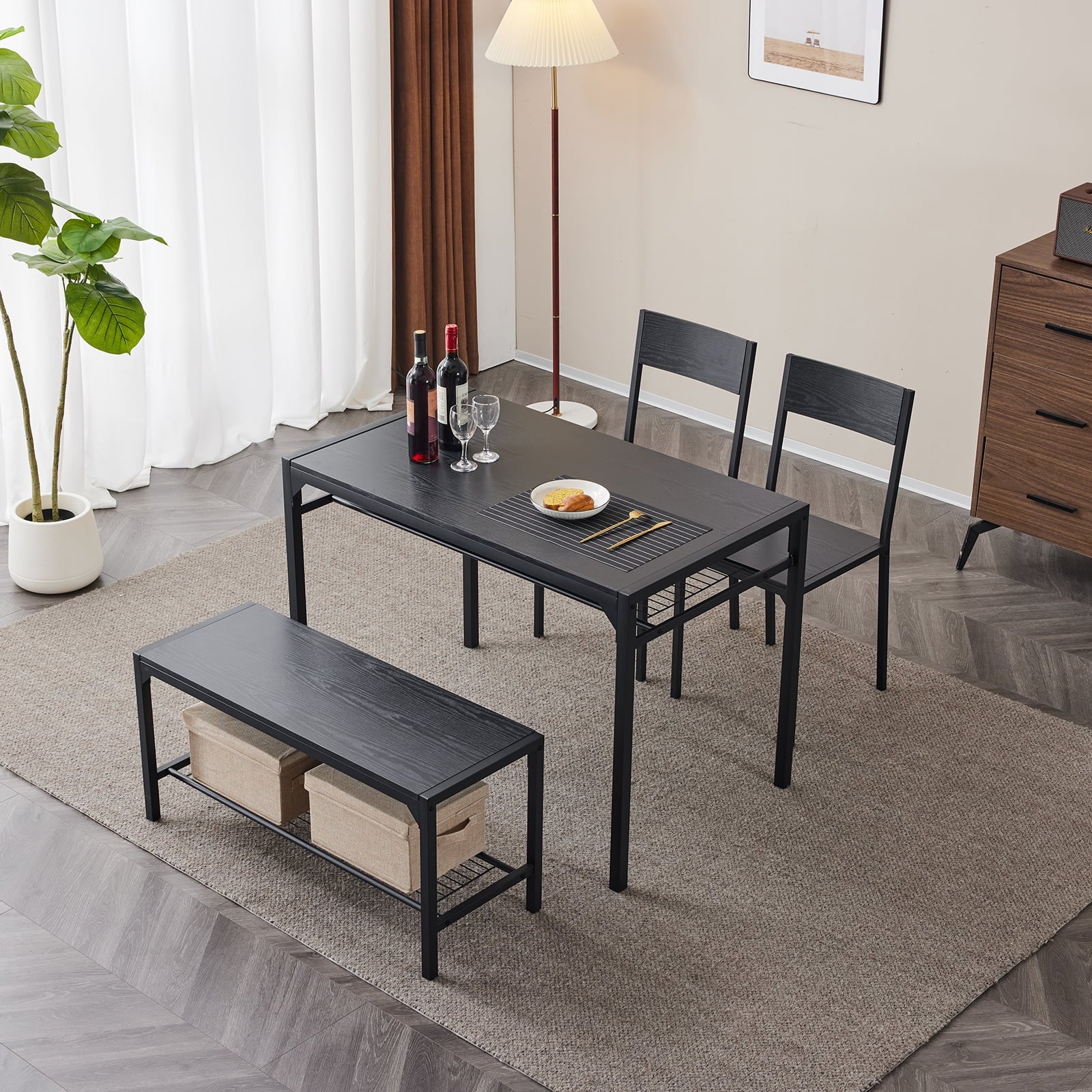 4 Pcs Dining Table Set, Dinning Set for 4 with 2 Chairs and Bench, Dinner Table with Storage Rack, Nesting Furniture Set for Dining Room, Restaurant, Black Wood