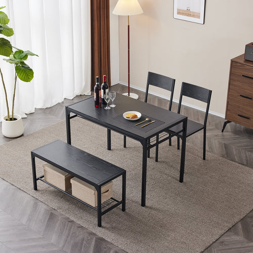 4 Pcs Dining Table Set, Dinning Set for 4 with 2 Chairs and Bench, Dinner Table with Storage Rack, Nesting Furniture Set for Dining Room, Restaurant, Black Wood
