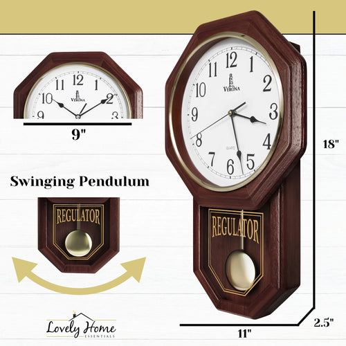 Pendulum Wall Clock - Decorative Wood Wall Clock with Pendulum - Schoolhouse Clock Regulator Design, Battery Operated & Silent, Wooden Pendulum Clock 18"X11"