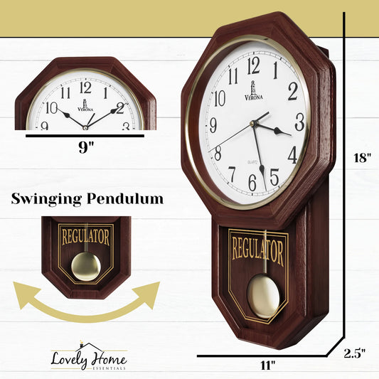 Pendulum Wall Clock - Decorative Wood Wall Clock with Pendulum - Schoolhouse Clock Regulator Design, Battery Operated & Silent, Wooden Pendulum Clock 18"X11"