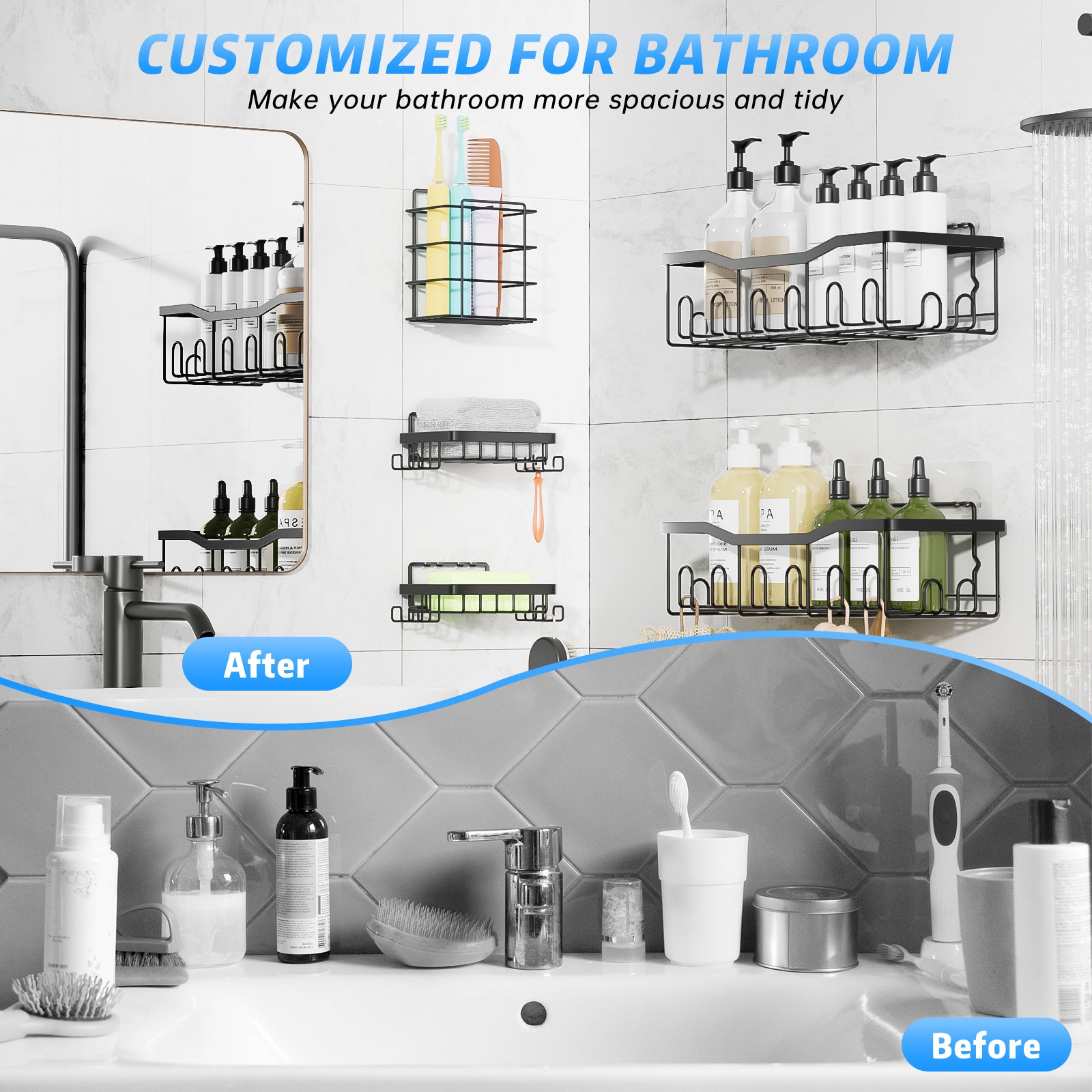 “Stainless Steel Shower Organizer – 5 Shelves, 28 Hooks, Soap & Toothbrush Holders”