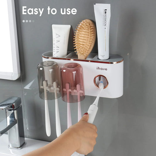 Bathroom Organizer with Toothpaste Dispenser and 2 Cups - Wall-Mounted Toothbrush Holder