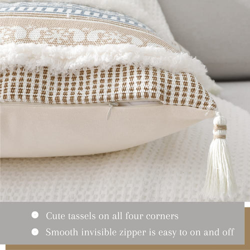Bohemian Lumbar Decorative Pillow Cover for Couch and Sofa - Modern Moroccan Design with Tassels, Stylish Farmhouse Pillowcase for Bedroom, Living Room, Car, and Hotel, 12 x 20 Inches, Khaki