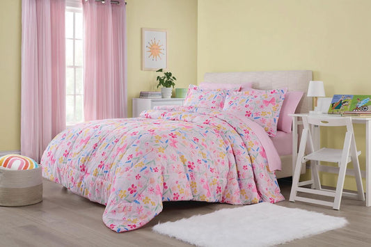 7-Piece Pink Wildflower Polyester Bedding Set for Full-Size Girls