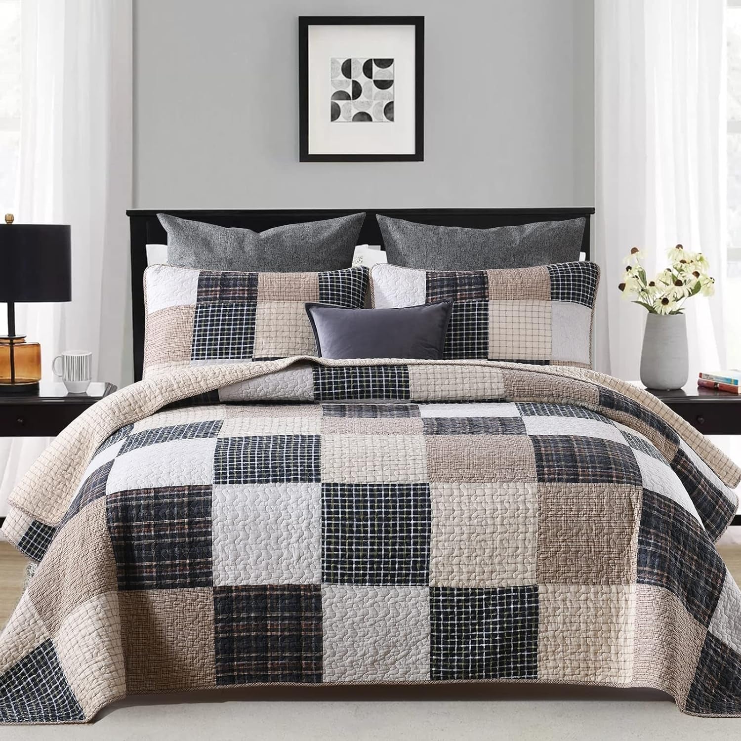 100% Cotton King Size Patchwork Quilt Set in Brown, Khaki, Black, and White - Lightweight Reversible Summer Bedding, 3-Piece Set