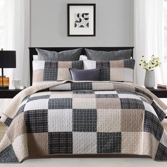 100% Cotton King Size Patchwork Quilt Set in Brown, Khaki, Black, and White - Lightweight Reversible Summer Bedding, 3-Piece Set