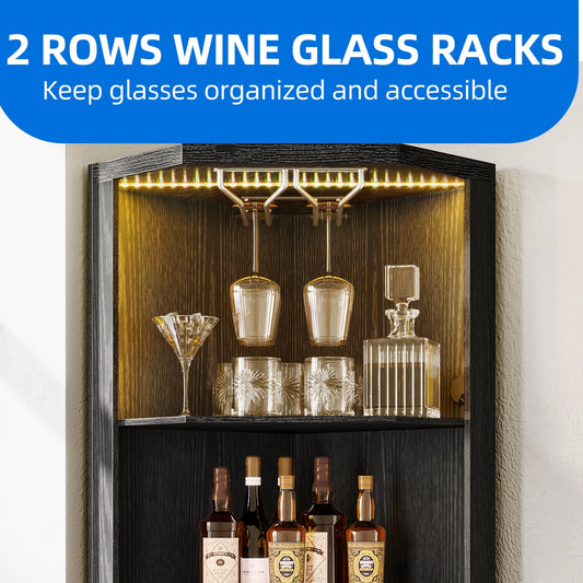 67" Corner Bar Cabinet with LED Lights, Wine Glass Holder & Storage Shelves, Black