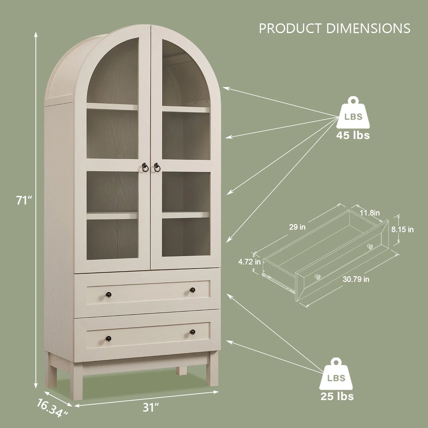Arched Kitchen Pantry Storage Cabinet, 71" Tall Wood Pantry Shelves with 2 Doors & 2 Large Drawers for Dining Room Living Room