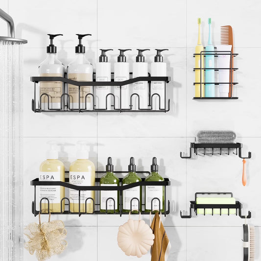 “Stainless Steel Shower Organizer – 5 Shelves, 28 Hooks, Soap & Toothbrush Holders”