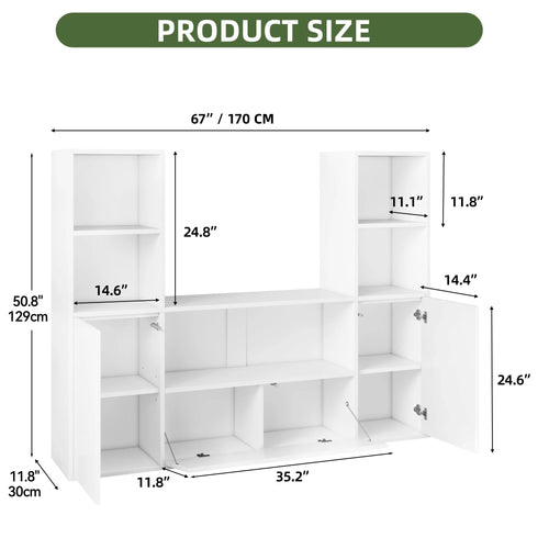 4-Tier U-Shaped Bookcase, Castle Bookshelf with Cabinet &LED Light, Cube Storage Organizer, White