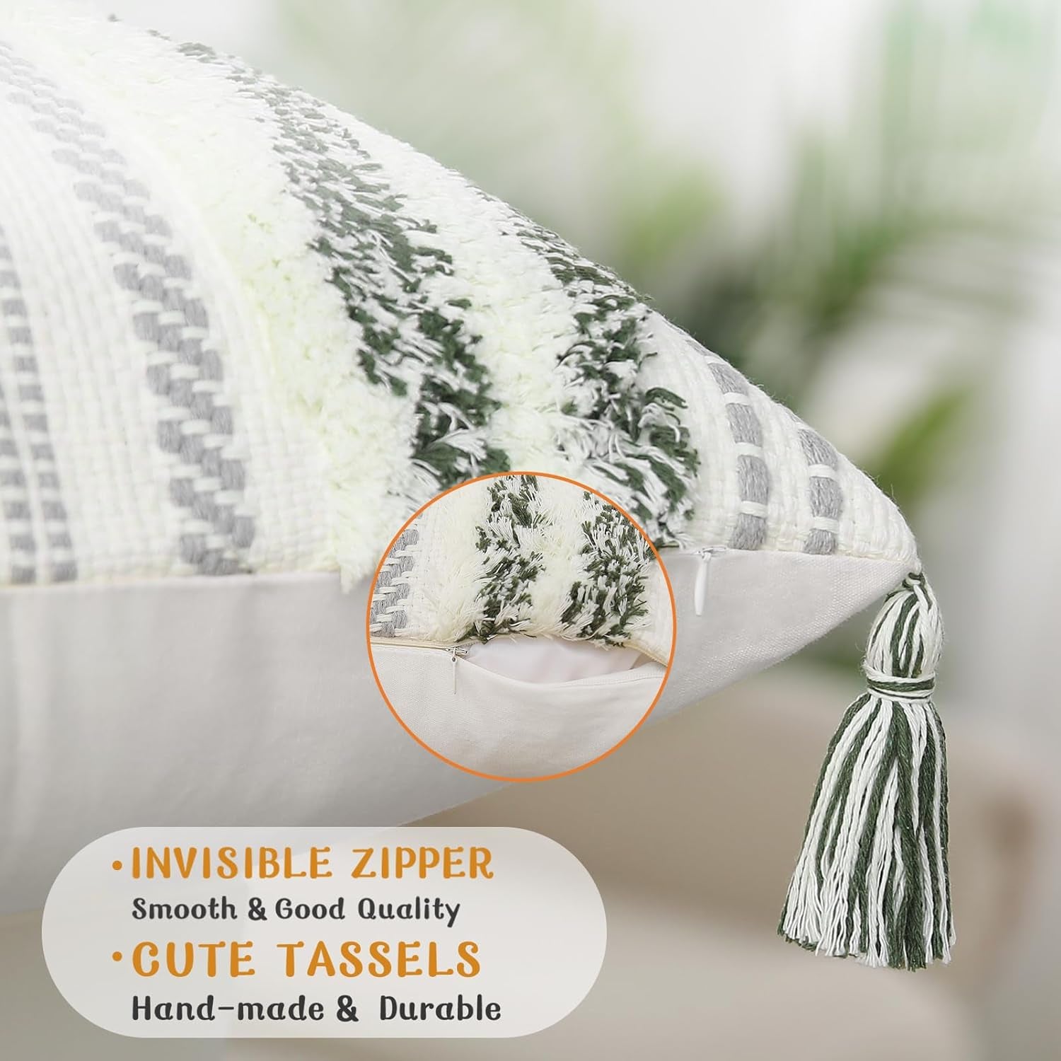 Bohemian-Inspired Summer Decorative Lumbar Pillow Cover 12x20, Textured Tufted Striped Accent for Couch and Bed in Green and Cream, Single Pack