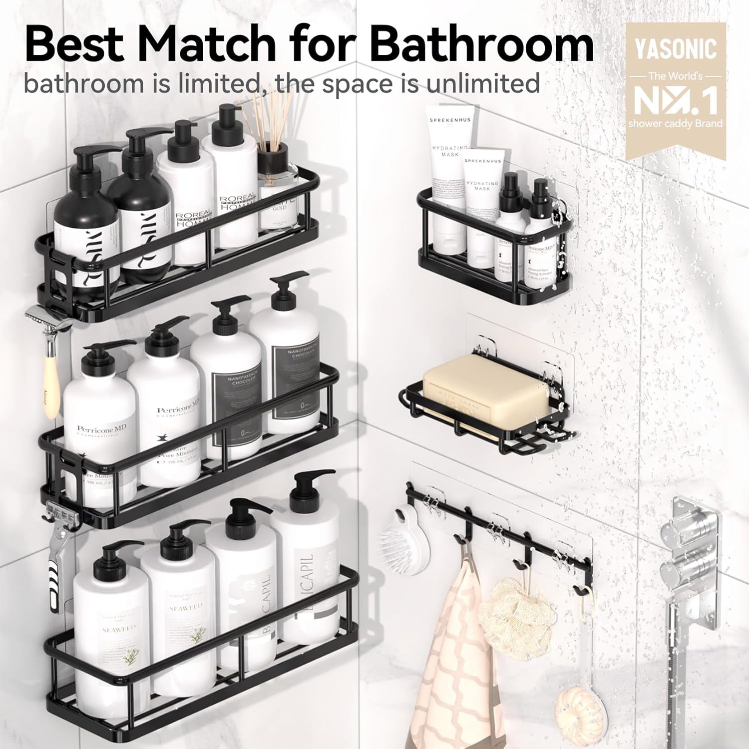 Rustproof Adhesive Shower Caddy Organizer Set - 6 Pack Large Capacity Shelves with Soap Holder for No-Drill Bathroom Storage Solutions