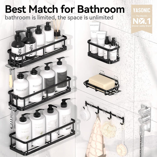 Rustproof Adhesive Shower Caddy Organizer Set - 6 Pack Large Capacity Shelves with Soap Holder for No-Drill Bathroom Storage Solutions