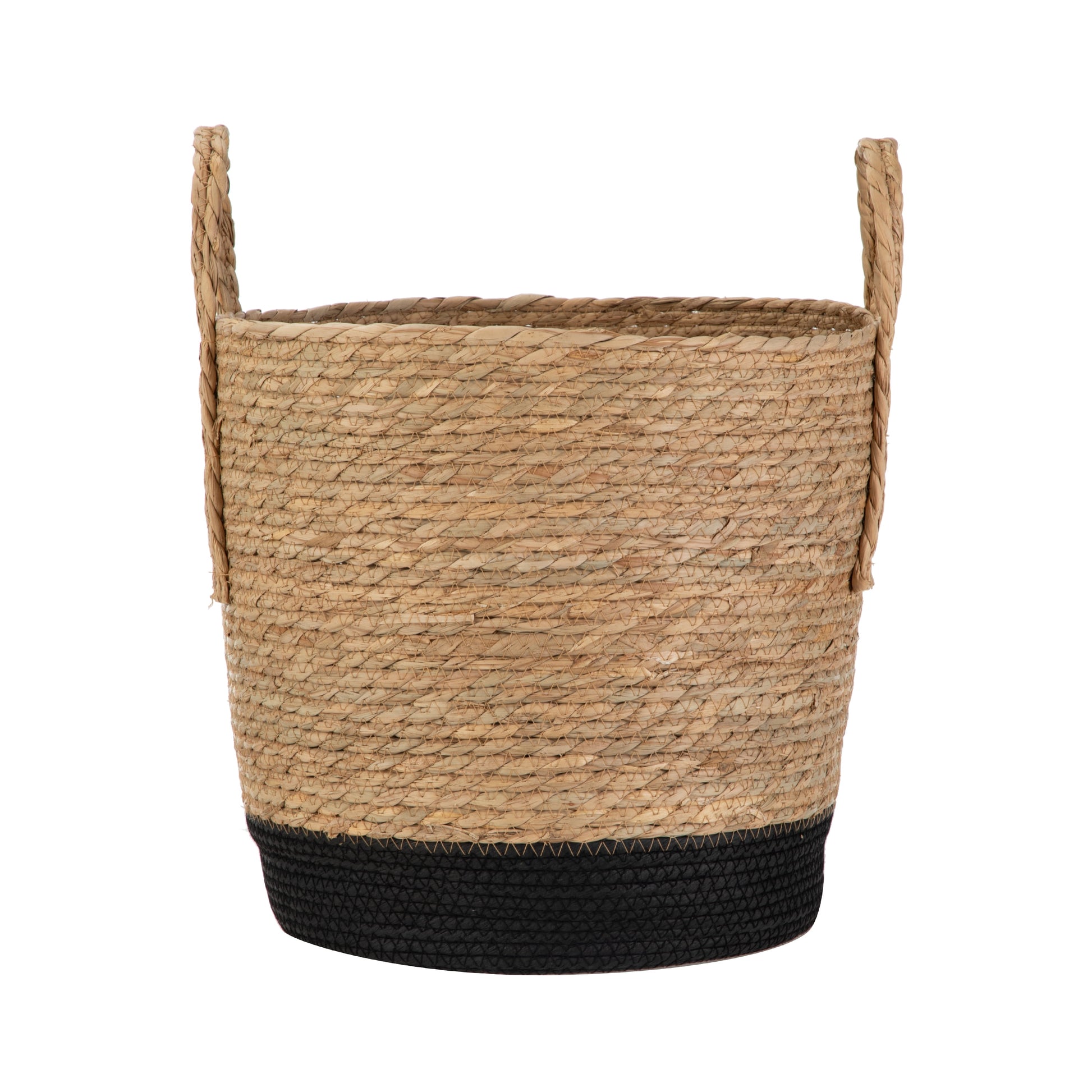 Natural and Black round Rush Baskets, Set of 2