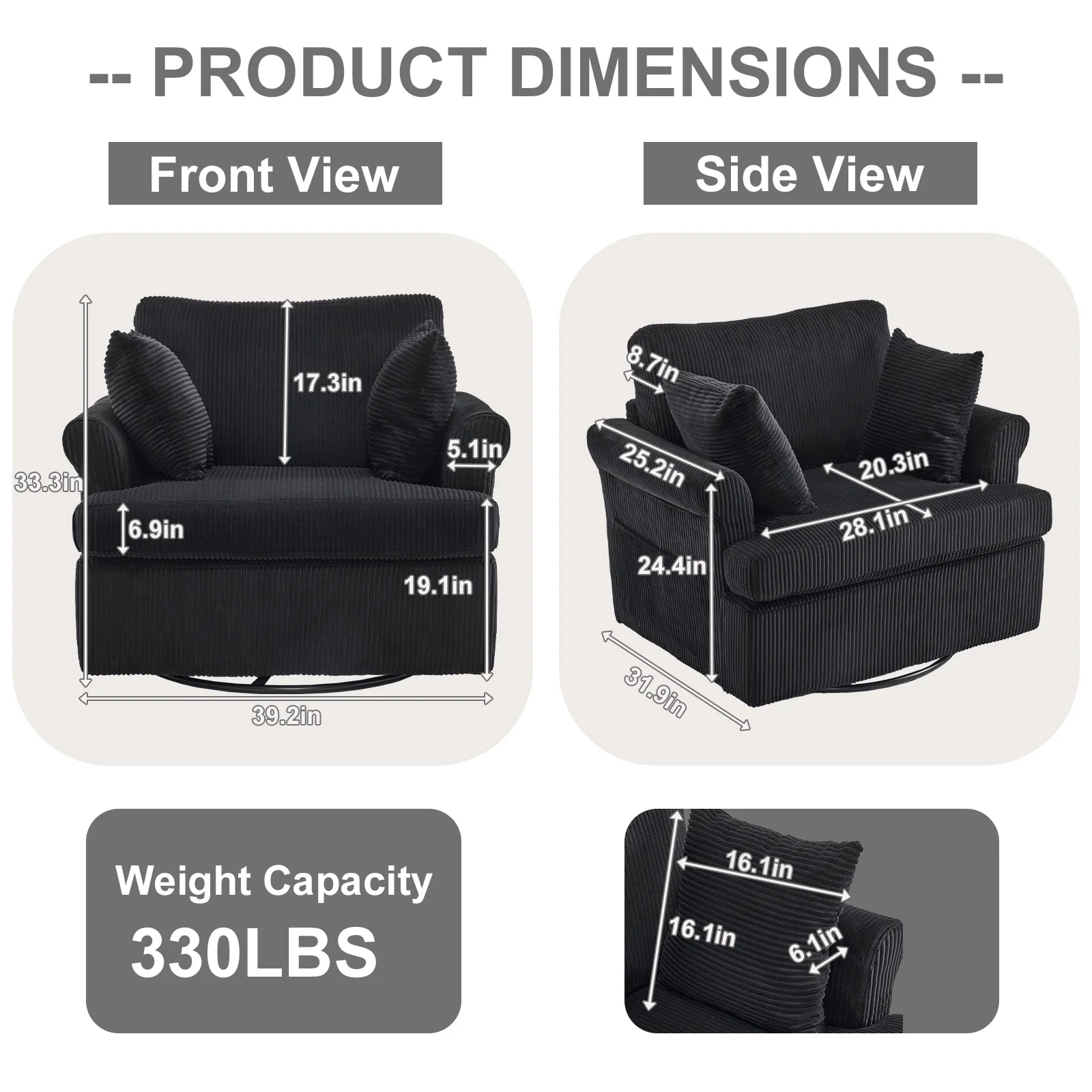 Swivel Accent Chair, 360-Degree Rotation Reading Chair, Corduroy Fabric Sofa with Armrest Pockets, Solid Metal Base, Perfect for Living Room Bedroom Black