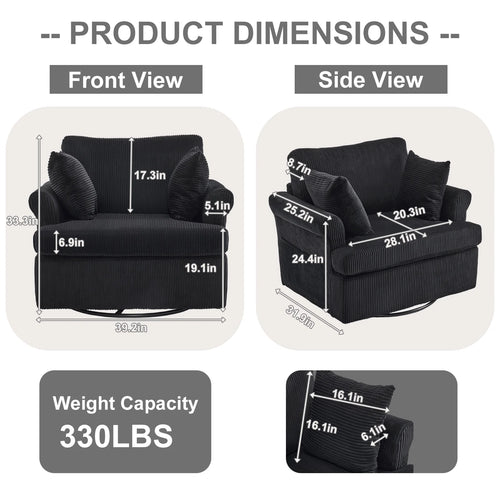 Swivel Accent Chair, 360-Degree Rotation Reading Chair, Corduroy Fabric Sofa with Armrest Pockets, Solid Metal Base, Perfect for Living Room Bedroom Black