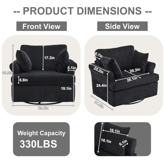 Swivel Accent Chair, 360-Degree Rotation Reading Chair, Corduroy Fabric Sofa with Armrest Pockets, Solid Metal Base, Perfect for Living Room Bedroom Black