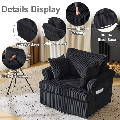Swivel Accent Chair, 360-Degree Rotation Reading Chair, Corduroy Fabric Sofa with Armrest Pockets, Solid Metal Base, Perfect for Living Room Bedroom Black