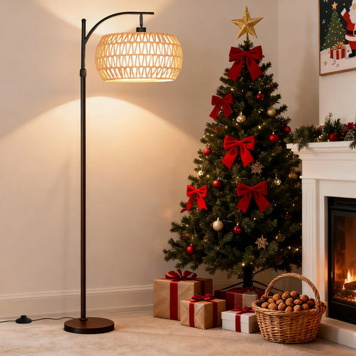 70-Inch Dimmable Arc Floor Lamp with Remote control  and Fabric Double Drum Shade