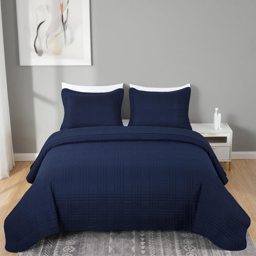 Kingston Oversized Quilted Microfiber Bedspread Set, 3-Piece Navy Queen Size Coverlet (100" x 106") for All Seasons