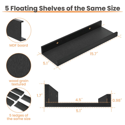 16Inch Floating Shelves for Wall, Wall Shelves for Decor Storage, Wall Mounted Wood Shelves for Bedroom, Living Room, Bathroom, Kitchen, Picture Ledge Shelves, 5 Pack, Black