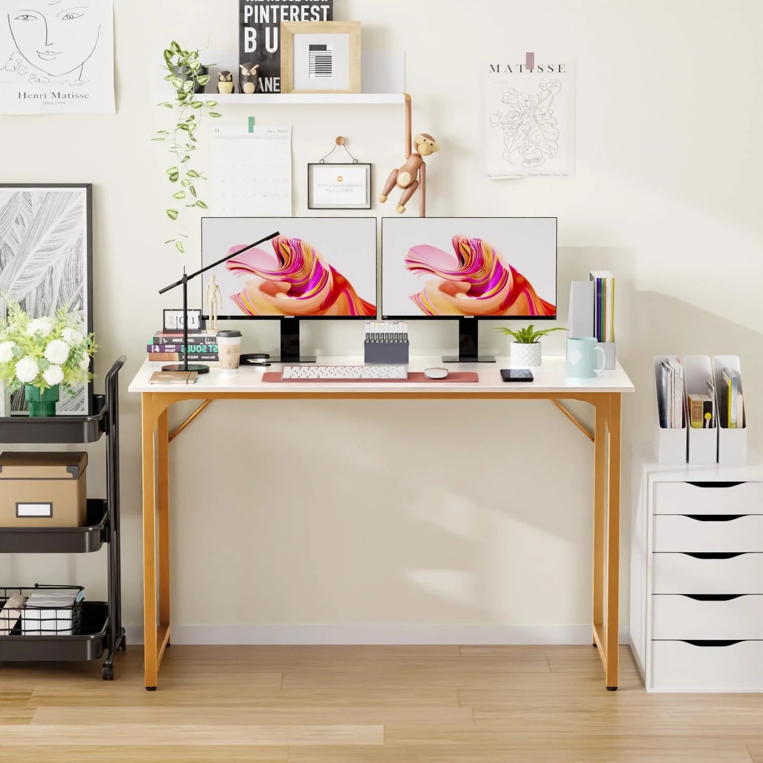 48 Inch Large Computer Desk Writing Desk Wood Top Metal Frame PC Laptop Table for Home Office Gaming Study, Gold