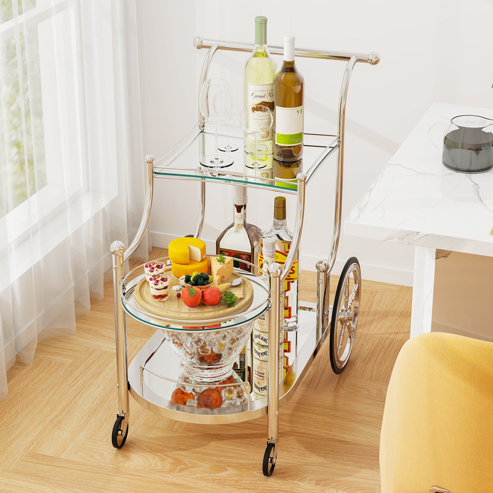 Bar Cart 3-Tier Home Bar Serving Cart on Wheels W/ Mirrored Shelves